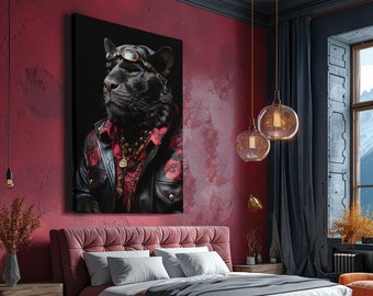 Panther in Floral Jacket Canvas Print, Stylish Anthropomorphic Wall Art for Office or Living Room, Unique Gift for Animal Lovers