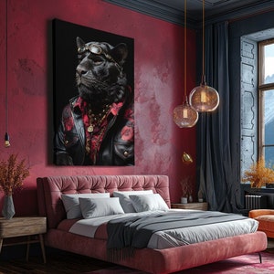Impression sur toile de panthère en veste florale, art mural anthropomorphe élégant pour le bureau ou le salon, cadeau unique pour les amoureux des animaux
