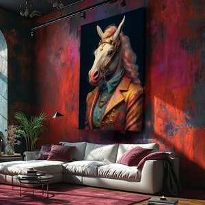 Regal Unicorn in Gold and Pink Attire Canvas Print, Elegant Wall Art for Living Room, Unique Gift for Animal Lovers