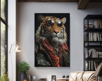 Cool Tiger in Sunglasses Canvas Print for Living Room, Unique Gift for Art Lovers