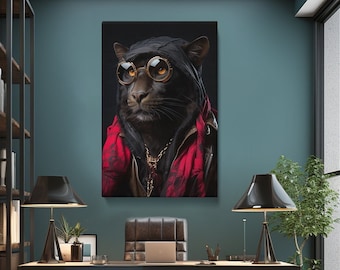 Panther in Goggles Canvas Print, Urban Anthropomorphic Wall Art for Office or Living Room, Unique Gift for Animal Lovers
