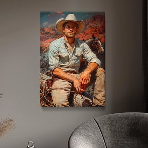 Rugged Cowboy Portrait Canvas Print, Western Ranch Wall Art, Authentic Country Decor, Unique Gift for Horse Lovers