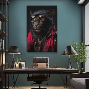Impression sur toile Panthère avec lunettes de protection, art mural urbain anthropomorphe pour bureau ou salon, cadeau unique pour les amoureux des animaux