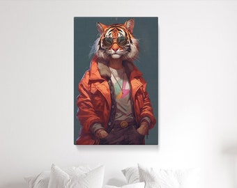 Cool Tiger in Jacket Canvas Print for Living Room, Unique Gift for Art Lovers