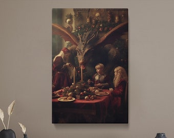 Dragon Wall Art, Dragon Holiday Feast Canvas Print, Enchanting Fantasy Wall Art for Living Room, Dragon Wall Decor, Gift for Fantasy Lovers