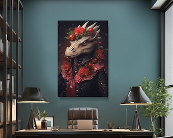 Festive Dragon Portrait Canvas Print for Fantasy Wall Art, Holiday Decor, Unique Gift for Dragon Lovers