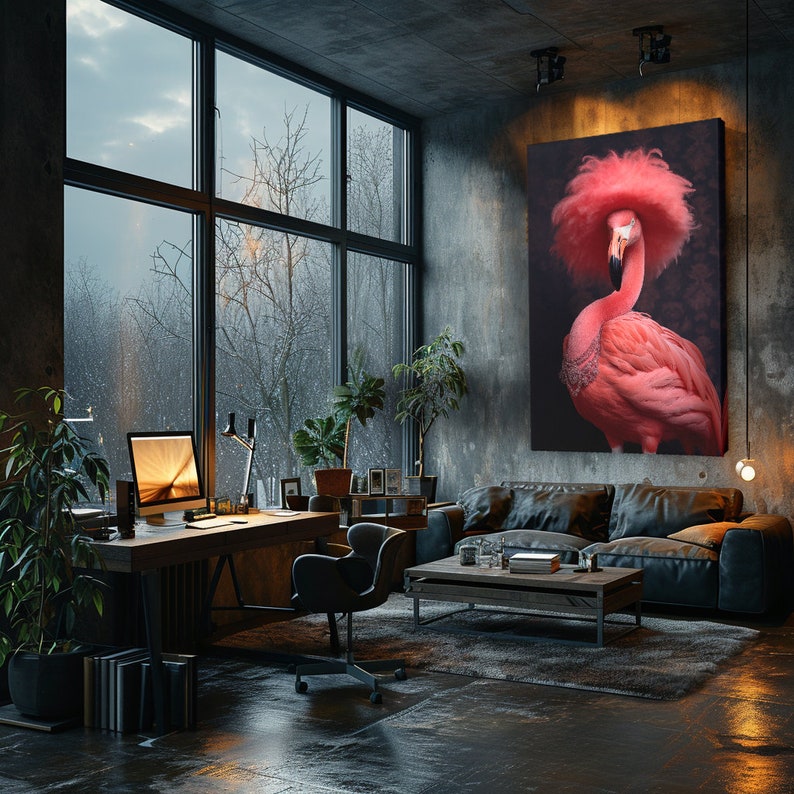 Elegant Flamingo in Feathered Hat Canvas Print, Stylish Wall Art for Living Room, Fun Gift for Animal Lovers