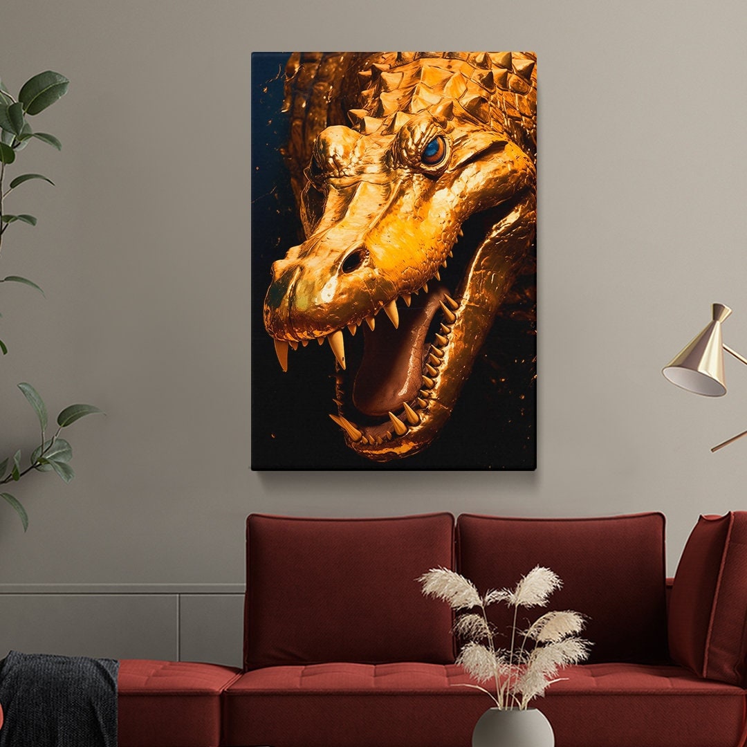 Intense Golden Dragon Canvas Print, Dynamic Fantasy Art for Game Room, Ideal Gift for Mythology Fans