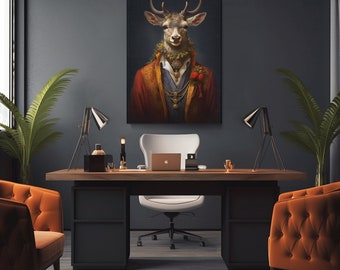 Deer in Regal Attire Canvas Print, Elegant Wall Art for Living Room, Unique Gift for Animal Lovers