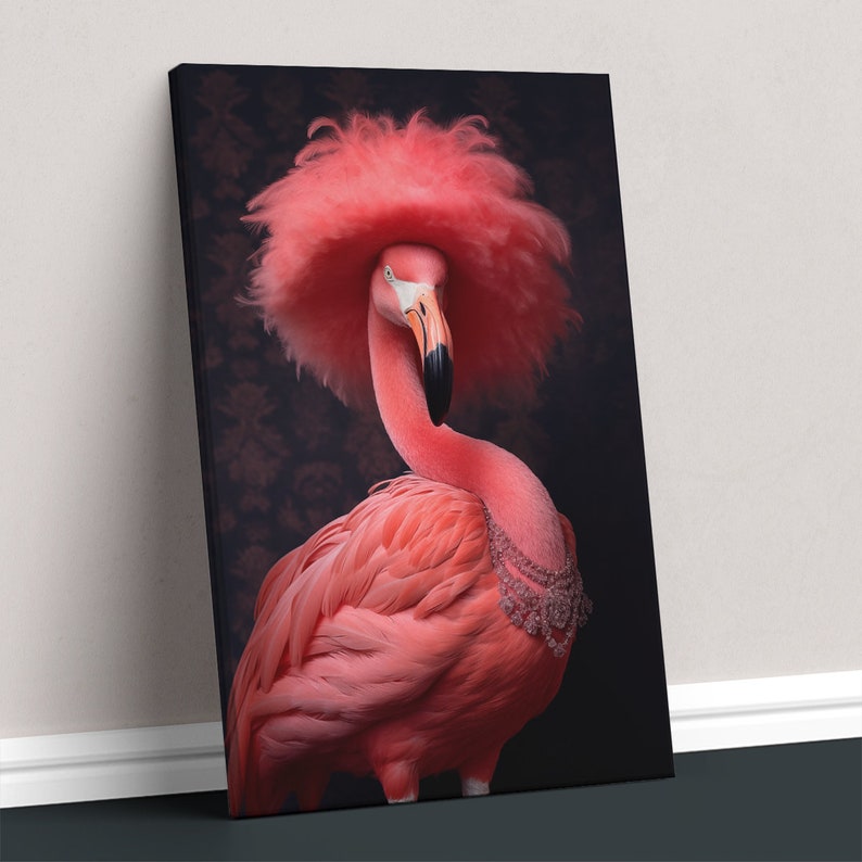 Elegant Flamingo in Feathered Hat Canvas Print, Stylish Wall Art for Living Room, Fun Gift for Animal Lovers