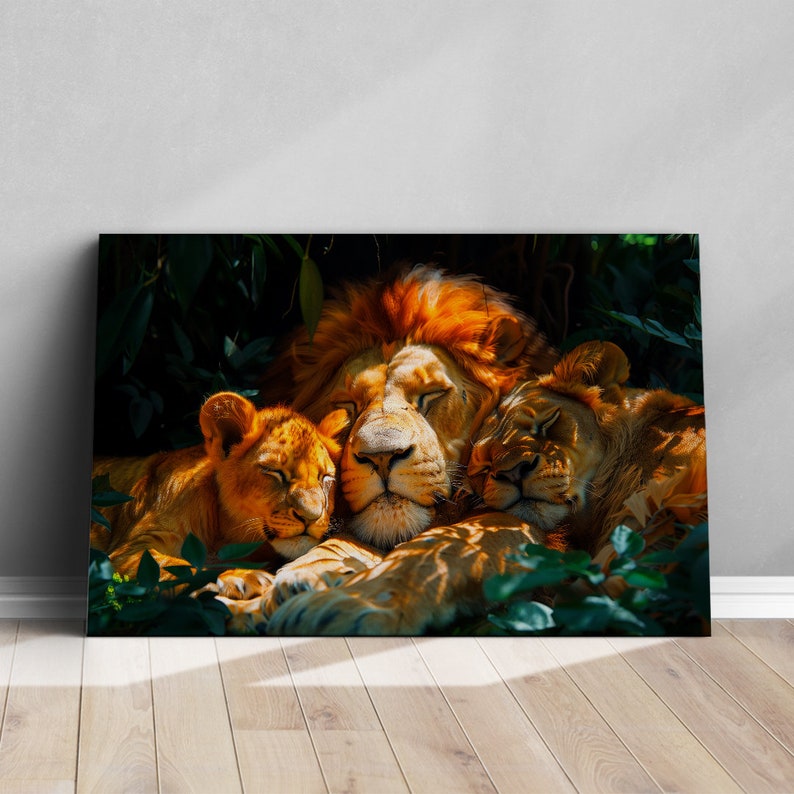 Warm Lion Family Canvas Print, Serene Jungle Kings Wall Art, Nature ...