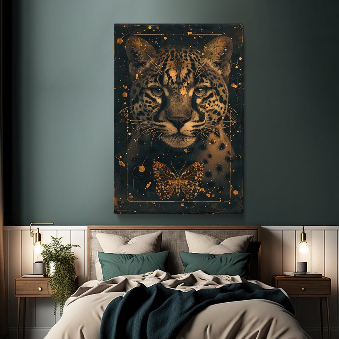 Leopard and Butterfly Canvas Print, Golden Accents Wildlife Wall Art ...