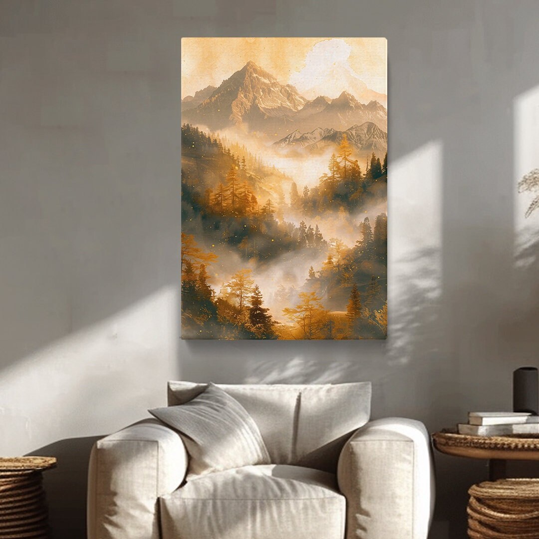 Golden Sunrise Over Misty Mountains Canvas Print, Rustic Nature Wall ...