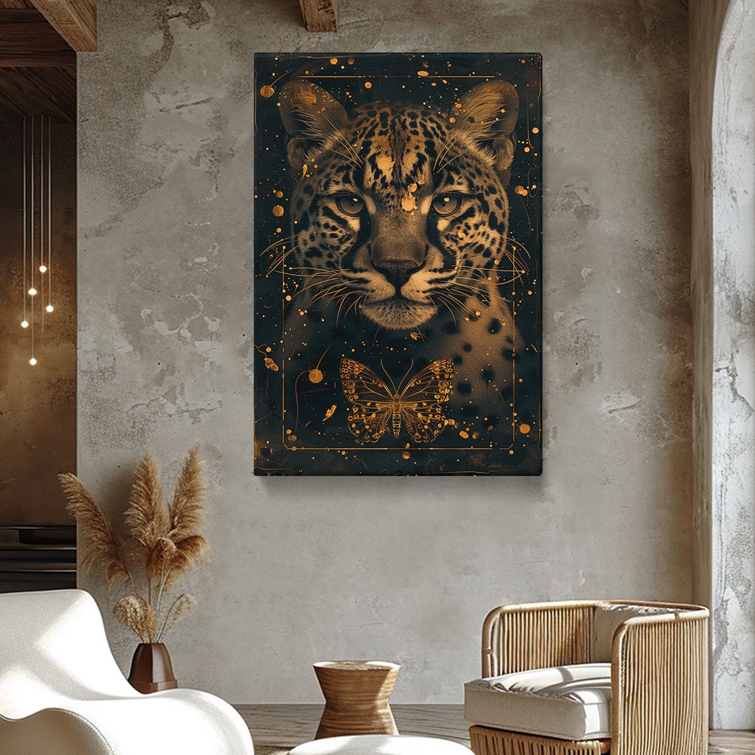 Leopard and Butterfly Canvas Print, Golden Accents Wildlife Wall Art ...