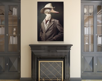 Stijlvolle canvasprint eend in pak en hoed voor woonkamer, uniek cadeau voor kunstliefhebbers
