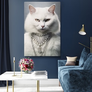 Elegant White Cat in Pearls Canvas Print for Living Room, Unique Gift for Art Lovers