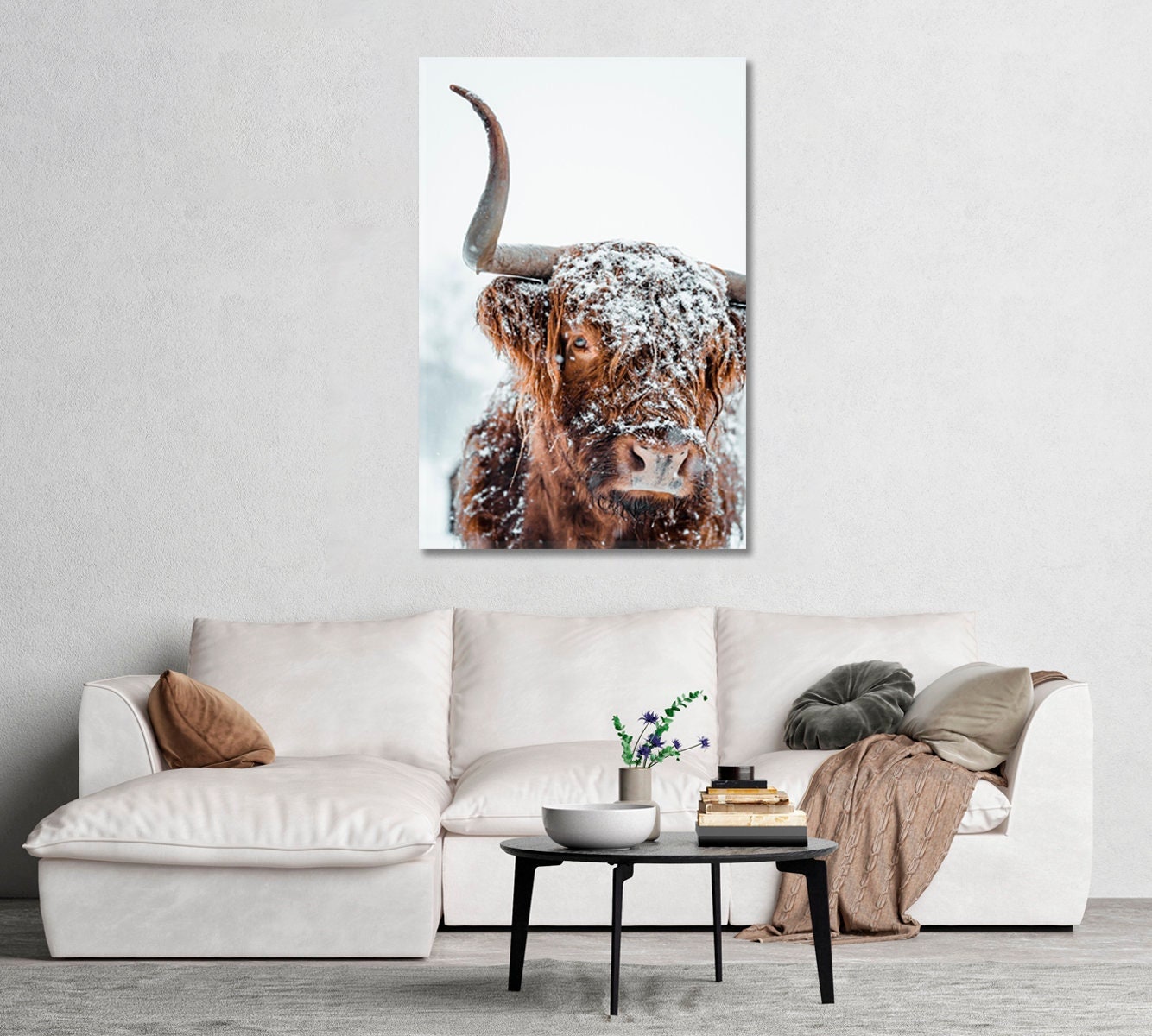 Winter Highland Cow Wall Art Decor | Highland Cow Covered With Snow Art Canvas | Highland Cow Art Print