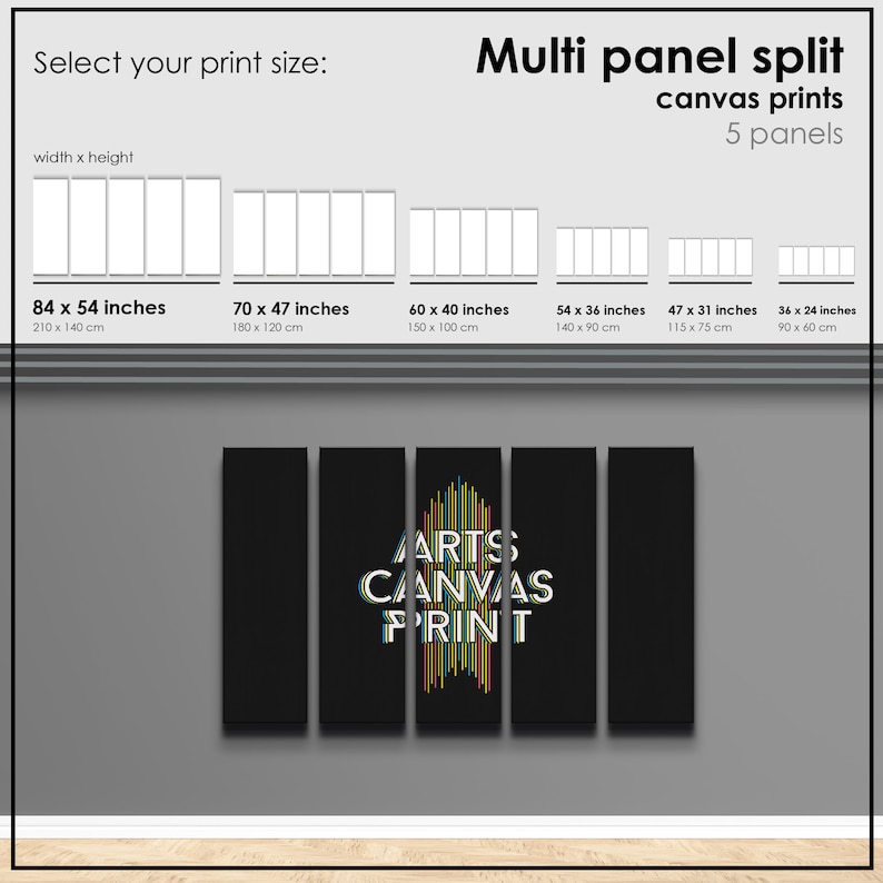 Puede incluir: Una impresi&oacute;n en lienzo de cinco paneles con el texto "ARTS CANVAS PRINT" en rayas verticales de colores sobre un fondo negro. La impresi&oacute;n est&aacute; disponible en varios tama&ntilde;os, incluyendo 84 x 54 pulgadas, 70 x 47 pulgadas, 60 x 40 pulgadas, 54 x 36 pulgadas, 47 x 31 pulgadas y 36 x 24 pulgadas.