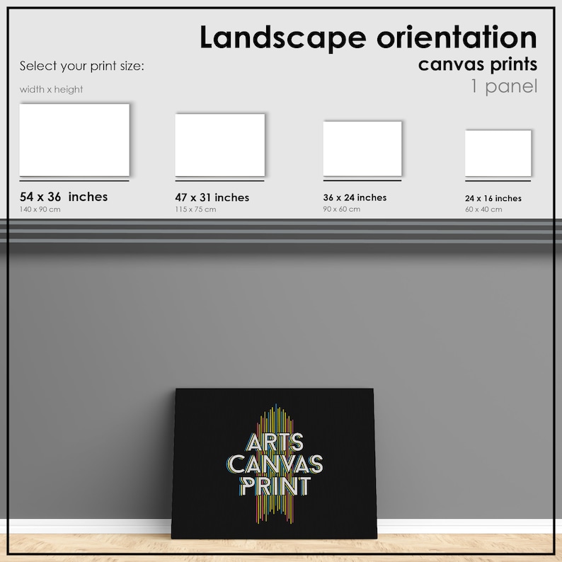 Puede incluir: Una impresi&oacute;n en lienzo negro con el texto "ARTS CANVAS PRINT" en rayas verticales de colores. La impresi&oacute;n est&aacute; disponible en cinco tama&ntilde;os diferentes: 54 x 36 pulgadas, 47 x 31 pulgadas, 36 x 24 pulgadas, 24 x 16 pulgadas y 60 x 40 cm.