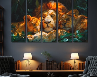Warm Lion Family Canvas Print, Serene Jungle Kings Wall Art, Nature-Inspired Home Decor, Perfect Gift for Wildlife Enthusiasts