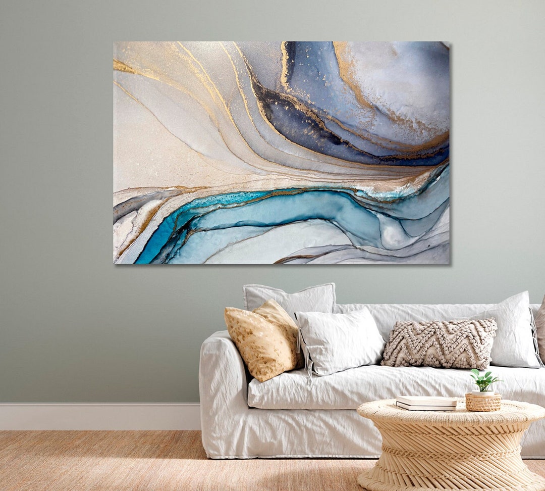 Modern Abstract Wall Art Canvas Blue and Gray Large Horizontal Art Etsy