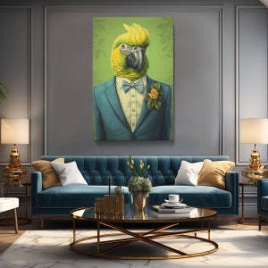 Impresión en lienzo de un elegante loro con traje, arte de pared para sala de estar, regalo para amantes de los animales, listo para colgar.