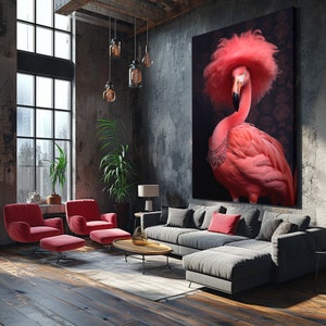 Elegant Flamingo in Feathered Hat Canvas Print, Stylish Wall Art for Living Room, Fun Gift for Animal Lovers