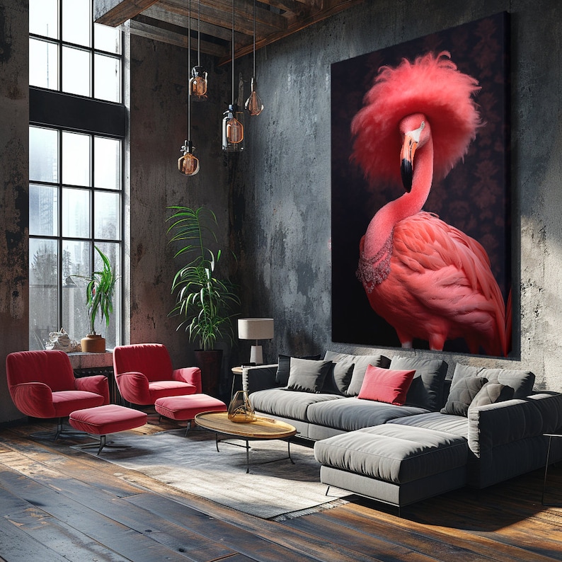Elegant Flamingo in Feathered Hat Canvas Print, Stylish Wall Art for Living Room, Fun Gift for Animal Lovers