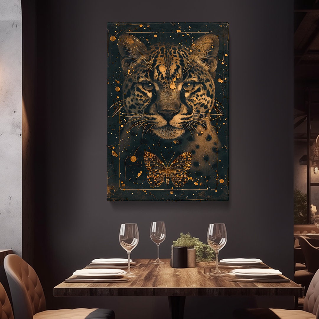 Leopard and Butterfly Canvas Print, Golden Accents Wildlife Wall Art ...