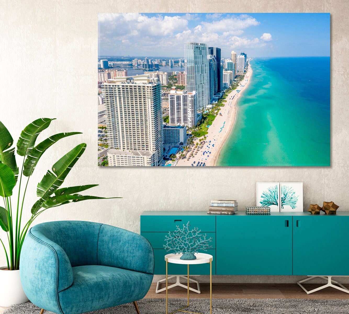 Aerial View Miami Seaside Canvas Print, Florida Canvas Art Print, USA Cityscape Artwork, Skyscrapers Canvas Home Wall Art Decor, Ocean Print