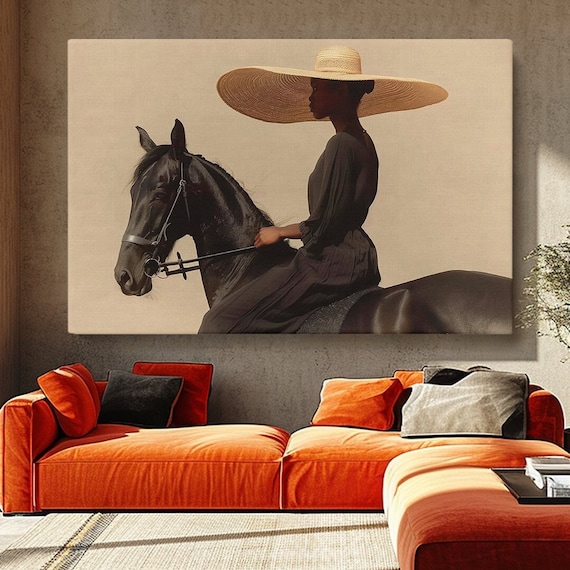 Riding Woman Wall Art, Equestrian Wall Decor, Horse Riding Canvas Print, Graceful Woman in Wide-Brim Hat Artwork, Horseback Riding Art Print