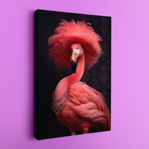 Elegant Flamingo in Feathered Hat Canvas Print, Stylish Wall Art for Living Room, Fun Gift for Animal Lovers