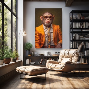 Retro Monkey in Orange Suit Canvas Print, Vibrant Wall Art for Living Room, Fun Gift for Animal Enthusiasts
