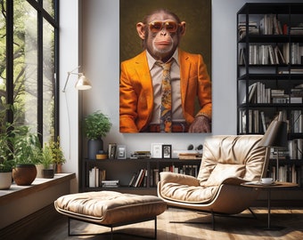 Retro Monkey in Orange Suit Canvas Print, Vibrant Wall Art for Living Room, Fun Gift for Animal Enthusiasts
