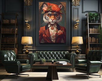 Elegant Tiger in Floral Attire Canvas Print for Living Room, Unique Gift for Art Lovers