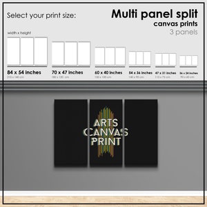 Puede incluir: Una impresi&oacute;n en lienzo de tres paneles con el texto "ARTS CANVAS PRINT" en rayas verticales de colores sobre un fondo negro. La impresi&oacute;n est&aacute; disponible en varios tama&ntilde;os, incluyendo 84 x 54 pulgadas, 70 x 47 pulgadas, 60 x 40 pulgadas, 54 x 36 pulgadas, 47 x 31 pulgadas y 36 x 24 pulgadas.