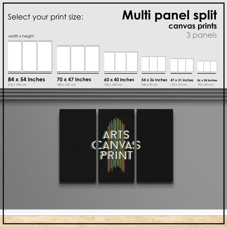 Puede incluir: Una impresi&oacute;n en lienzo de tres paneles con el texto "ARTS CANVAS PRINT" en rayas verticales de colores sobre un fondo negro. La impresi&oacute;n est&aacute; disponible en varios tama&ntilde;os, incluyendo 84 x 54 pulgadas, 70 x 47 pulgadas, 60 x 40 pulgadas, 54 x 36 pulgadas, 47 x 31 pulgadas y 36 x 24 pulgadas.