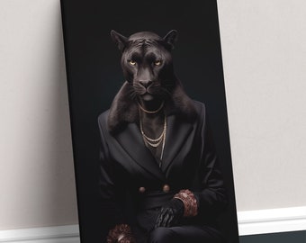 Elegant Black Panther in Suit Canvas Print, Sophisticated Wall Art for Living Room, Fun Gift for Animal Lovers