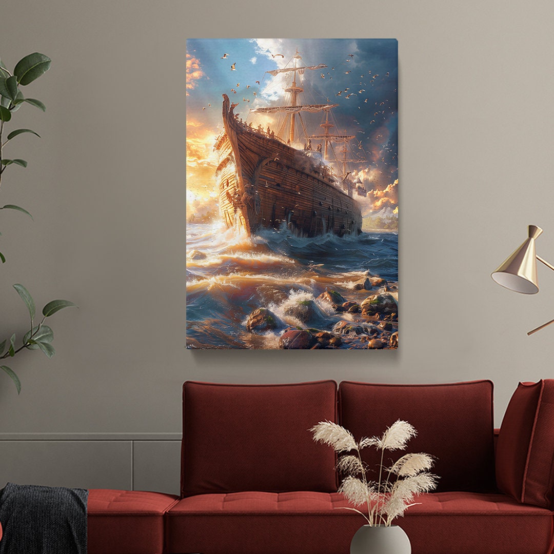 Nautical Odyssey Grand Ship at Sea Canvas Print, Sunset Voyage Wall Art