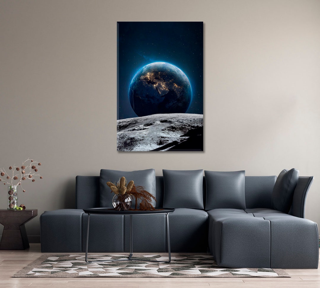Lunar Surface With Earth Canvas Print | Outer Space Wall Art Decor - Etsy