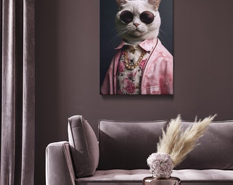 Cool Cat in Floral Jacket Canvas Print for Living Room, Unique Gift for Art Enthusiasts