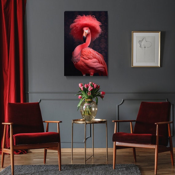 Flamingo Wall Art, Elegant Flamingo Wall Decor,Pink Flimingo in Hat Canvas Print, Stylish Animals Wall Art, Fun Gift for Animal Lovers