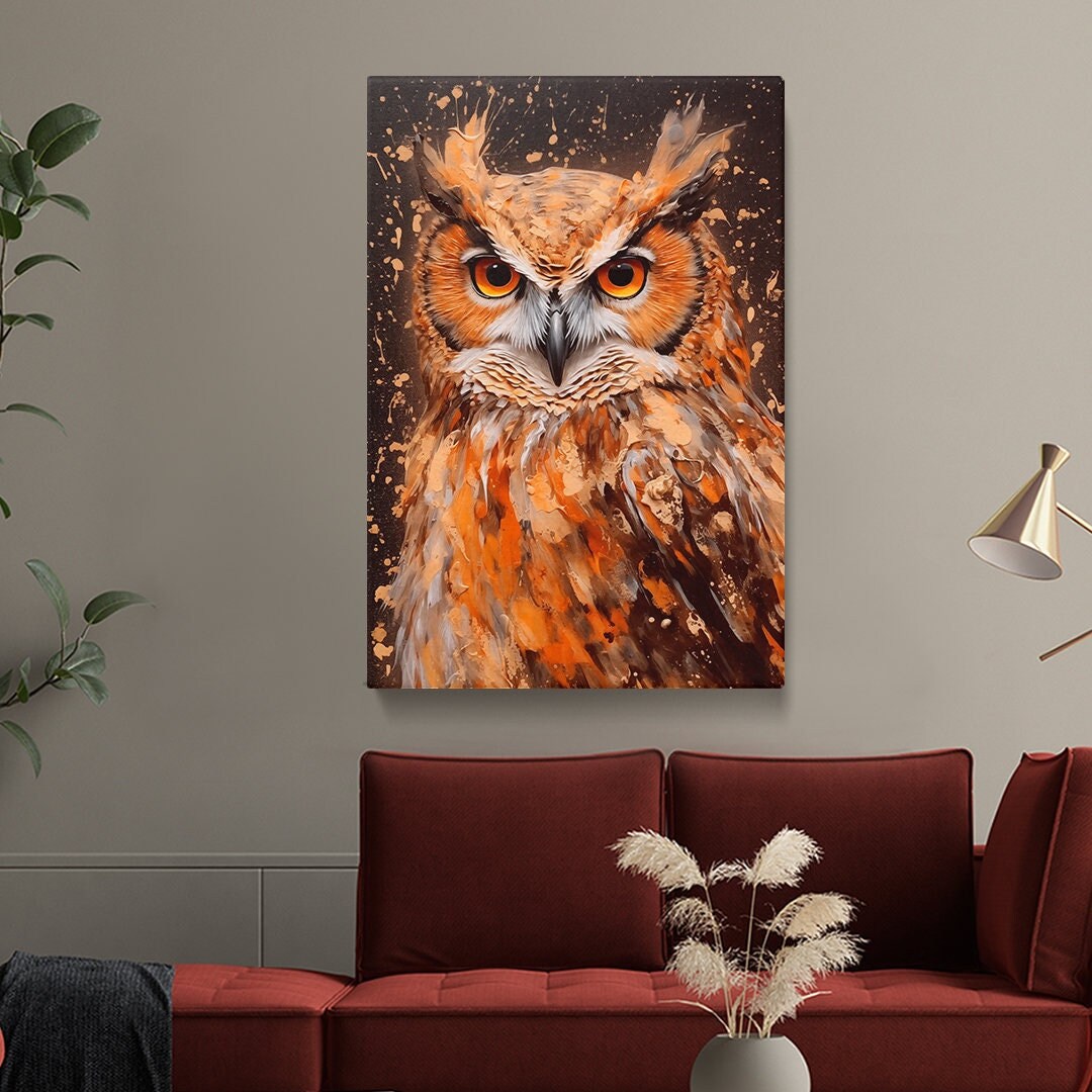 Fiery Orange Owl Canvas Print, Bold Office Decor, Vibrant Bird