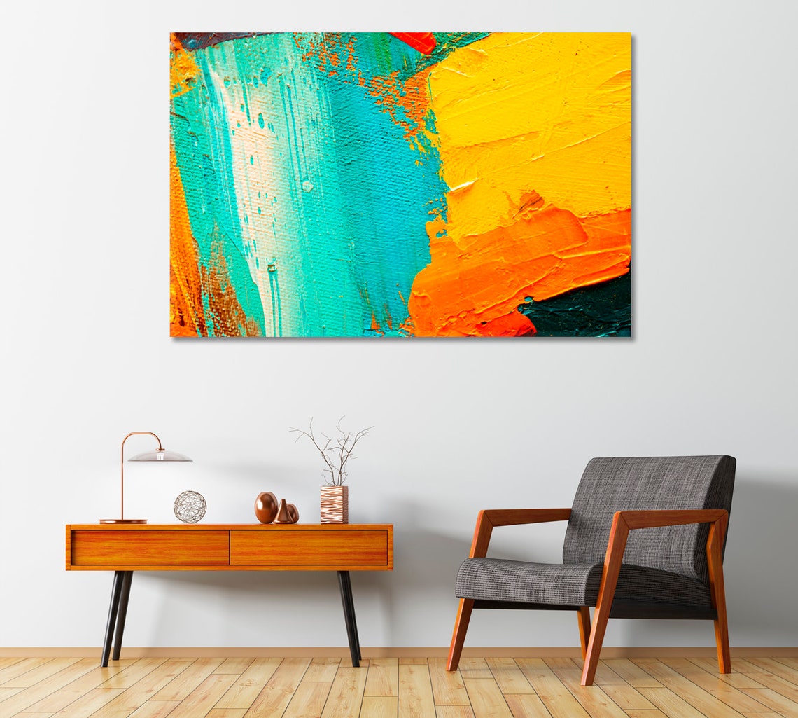 Yellow Abstract Wall Art Canvas Turquoise Home Decor Artwork Etsy
