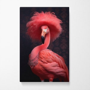 Elegant Flamingo in Feathered Hat Canvas Print, Stylish Wall Art for Living Room, Fun Gift for Animal Lovers
