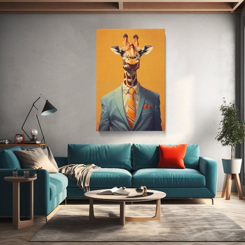 Chic Giraffe in Suit Canvas Print, Vibrant Wall Art for Living Room ...