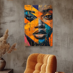 Abstraktes Mosaik-Porträt einer Frau Leinwanddruck, lebendige geometrische Wandkunst, modernes ästhetisches Dekor, perfekt für Kunstliebhaber