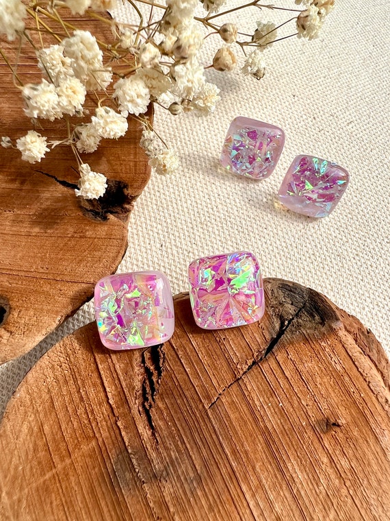 Holographic Square Resin Earrings Handcrafted Stud Earrings Etsy