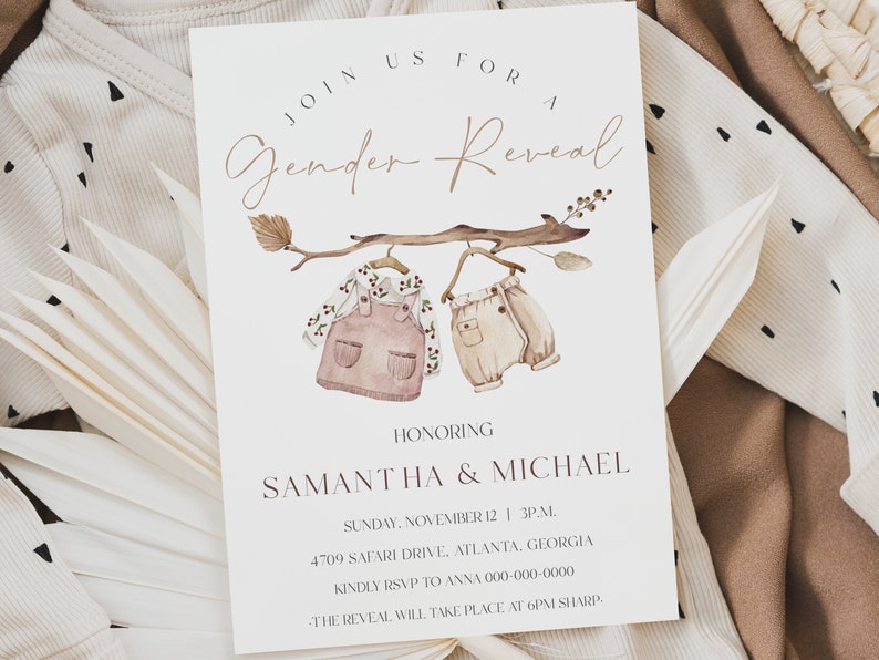 Boho Gender Reveal Invitation & Thank You Tag (Instant Download) image 1