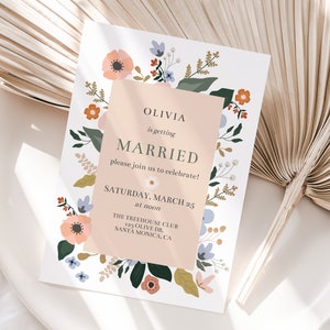 May include: A floral wedding invitation with a peach background and the text "Olivia is getting married, please join us to celebrate! Saturday, March 25 at noon, The Treehouse Club, 123 Olive Dr., Santa Monica, CA."